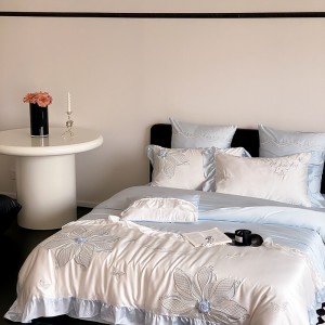 High quality embroidery 4pcs lace duvet cover pink ruffles bedding set supplier