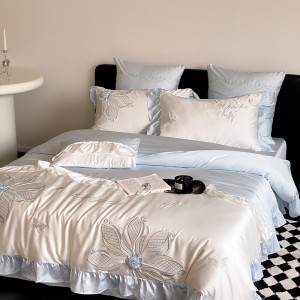 High quality embroidery 4pcs lace duvet cover pink ruffles bedding set supplier