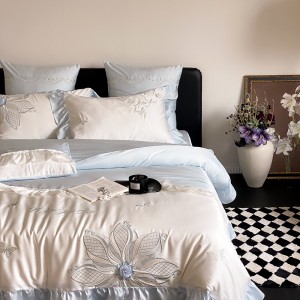 High quality embroidery 4pcs lace duvet cover pink ruffles bedding set supplier