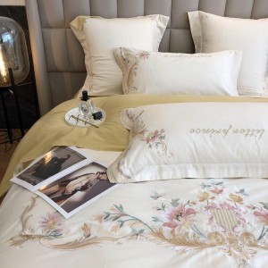 Hot selling sateen 100s cotton 4-pieces textile ODM coverlets bedsheets embroidery bed linen bedding set wholesaler
