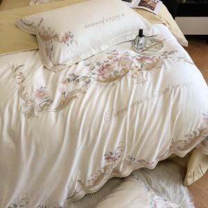 Hot selling sateen 100s cotton 4-pieces textile ODM coverlets bedsheets embroidery bed linen bedding set wholesaler