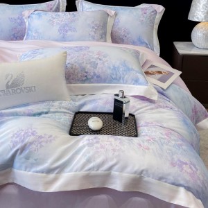 Wholesale high-quality lyocell cotton duvet cover purple printing bed sheet 4 piece home textile bedding set supplier