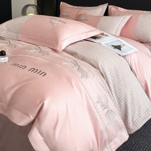 Hot selling pink quilt cover embroidered fitted sheets flat sheet 100% cotton home textile 4-pieces bedding set supplier