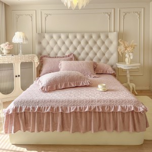High quality pink milk velvet home textiles ruffles bed skirt 4pcs bedding set supplier