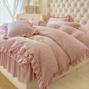 High quality pink milk velvet home textiles ruffles bed skirt 4pcs bedding set supplier