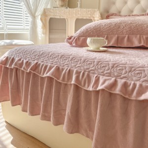 High quality pink milk velvet home textiles ruffles bed skirt 4pcs bedding set supplier