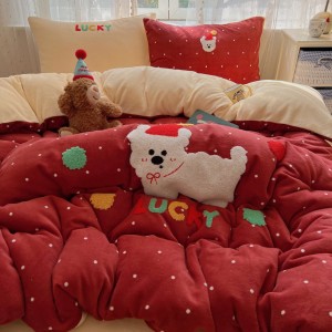 Warm milk fleece 4-pieces home textile towel applique duvet cover pillow shams printing flat sheets queen size bedding set