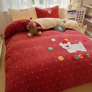 Warm milk fleece 4-pieces home textile towel applique duvet cover pillow shams printing flat sheets queen size bedding set