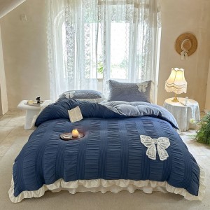 High quality blue ruffles home textiles blue milk velvet 4pcs bedspread supplier