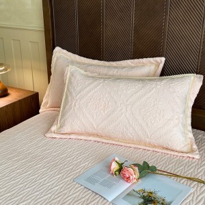 Milk fleece 4-pieces home textile carving craft duvet cover ruffles pillow shams solid color pink flat sheets queen size bedding set