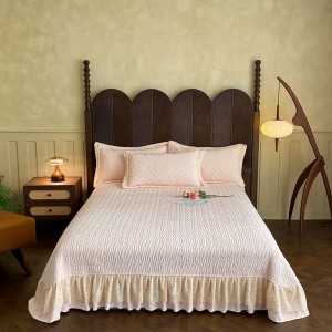 Milk fleece 4-pieces home textile carving craft duvet cover ruffles pillow shams solid color pink flat sheets queen size bedding set