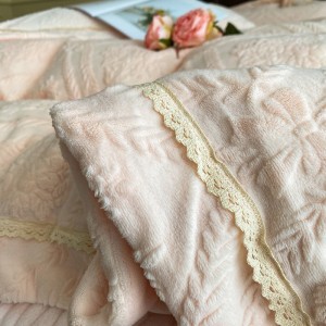 Milk fleece 4-pieces home textile carving craft duvet cover ruffles pillow shams solid color pink flat sheets queen size bedding set