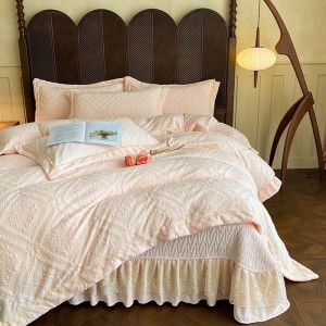 Milk fleece 4-pieces home textile carving craft duvet cover ruffles pillow shams solid color pink flat sheets queen size bedding set