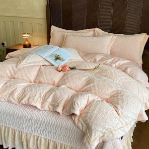 Milk fleece 4-pieces home textile carving craft duvet cover ruffles pillow shams solid color pink flat sheets queen size bedding set