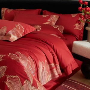 100s cotton CR craft luxury floral embroidery quilt cover pillowcases red flat sheet four-piece bedding set
