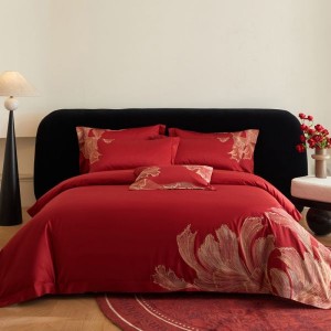 100s cotton CR craft luxury floral embroidery quilt cover pillowcases red flat sheet four-piece bedding set