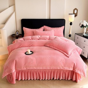 Premium quality milk fleece home textiles pink ruffles carving craft bedding set supplier