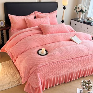 Premium quality milk fleece home textiles pink ruffles carving craft bedding set supplier