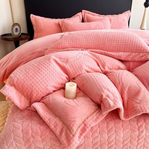 Premium quality milk fleece home textiles pink ruffles carving craft bedding set supplier