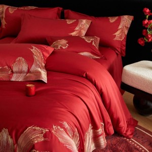 100s cotton CR craft luxury floral embroidery quilt cover pillowcases red flat sheet four-piece bedding set