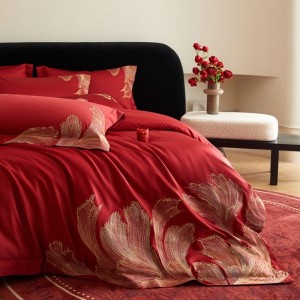 100s cotton CR craft luxury floral embroidery quilt cover pillowcases red flat sheet four-piece bedding set