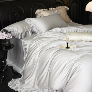 Luxury solid color 4pcs duvet cover pink lace home textiles 500TC lyocell cotton bedding set