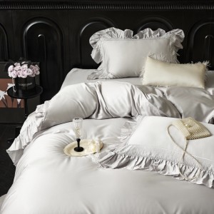 Luxury solid color 4pcs duvet cover pink lace home textiles 500TC lyocell cotton bedding set