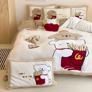 Cute 3D Heavy-Duty Embroidery Duvet Cover Milk Velvet Bed Sheet Three-Piece Bedding Set for Children