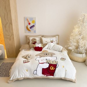 Cute 3D Heavy-Duty Embroidery Duvet Cover Milk Velvet Bed Sheet Three-Piece Bedding Set for Children