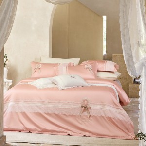 Ultra-soft Lyocell Cotton White Lace Embroidery Duvet Cover Pink Bed Sheets Four-piece Luxury Bedding Set