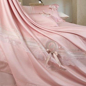 Ultra-soft Lyocell Cotton White Lace Embroidery Duvet Cover Pink Bed Sheets Four-piece Luxury Bedding Set