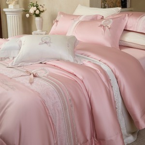 Ultra-soft Lyocell Cotton White Lace Embroidery Duvet Cover Pink Bed Sheets Four-piece Luxury Bedding Set