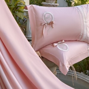 Ultra-soft Lyocell Cotton White Lace Embroidery Duvet Cover Pink Bed Sheets Four-piece Luxury Bedding Set