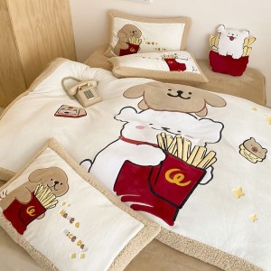 Cute 3D Heavy-Duty Embroidery Duvet Cover Milk Velvet Bed Sheet Three-Piece Bedding Set for Children