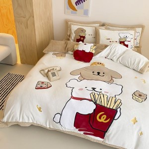 Cute 3D Heavy-Duty Embroidery Duvet Cover Milk Velvet Bed Sheet Three-Piece Bedding Set for Children