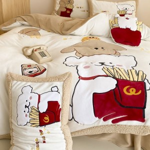 Cute 3D Heavy-Duty Embroidery Duvet Cover Milk Velvet Bed Sheet Three-Piece Bedding Set for Children