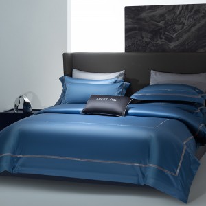 Luxury Navy Blue Home Textile Embroidery Duvet Comforter Quilt Cover 100s Long Staple Cotton Bedding Set
