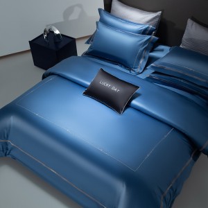 Luxury Navy Blue Home Textile Embroidery Duvet Comforter Quilt Cover 100s Long Staple Cotton Bedding Set