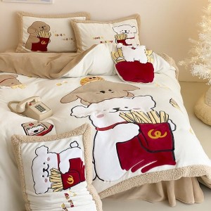 Cute 3D Heavy-Duty Embroidery Duvet Cover Milk Velvet Bed Sheet Three-Piece Bedding Set for Children