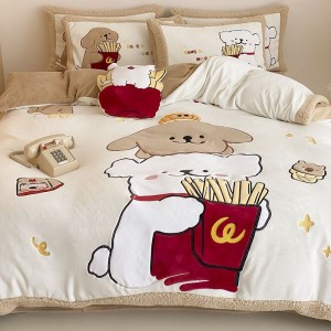 Cute 3D Heavy-Duty Embroidery Duvet Cover Milk Velvet Bed Sheet Three-Piece Bedding Set for Children