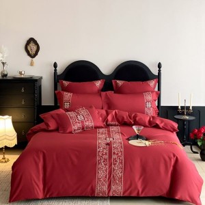 500TC Long Staple Cotton Red Embroidery 4PCS Bed Sheet Bed Linen Bedding Set