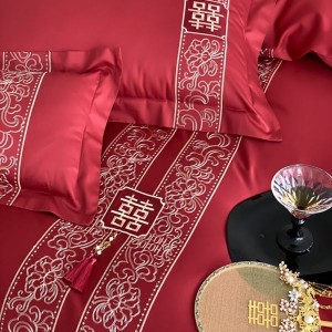 500TC Long Staple Cotton Red Embroidery 4PCS Bed Sheet Bed Linen Bedding Set