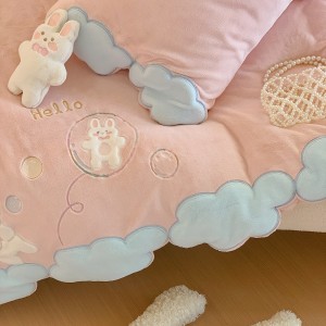 Pink milk fleece applique children home textile winter comforter duvet cover queen king size bedsheets high-end kids’ bedding set