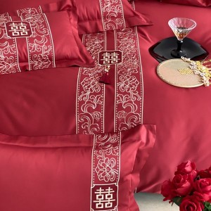 500TC Long Staple Cotton Red Embroidery 4PCS Bed Sheet Bed Linen Bedding Set