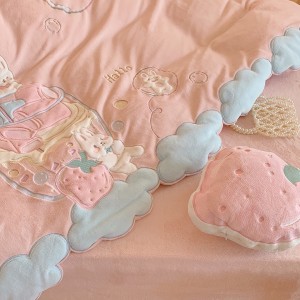Pink milk fleece applique children home textile winter comforter duvet cover queen king size bedsheets high-end kids’ bedding set