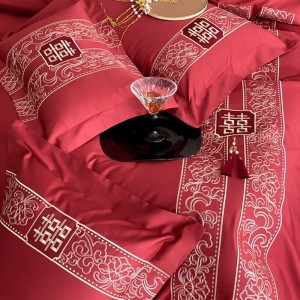 500TC Long Staple Cotton Red Embroidery 4PCS Bed Sheet Bed Linen Bedding Set