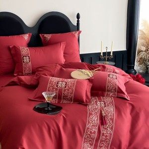 500TC Long Staple Cotton Red Embroidery 4PCS Bed Sheet Bed Linen Bedding Set