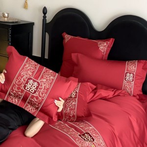 500TC Long Staple Cotton Red Embroidery 4PCS Bed Sheet Bed Linen Bedding Set