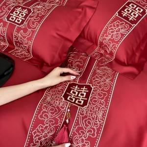 500TC Long Staple Cotton Red Embroidery 4PCS Bed Sheet Bed Linen Bedding Set