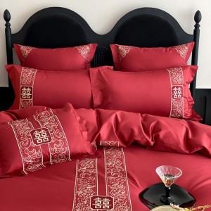500TC Long Staple Cotton Red Embroidery 4PCS Bed Sheet Bed Linen Bedding Set